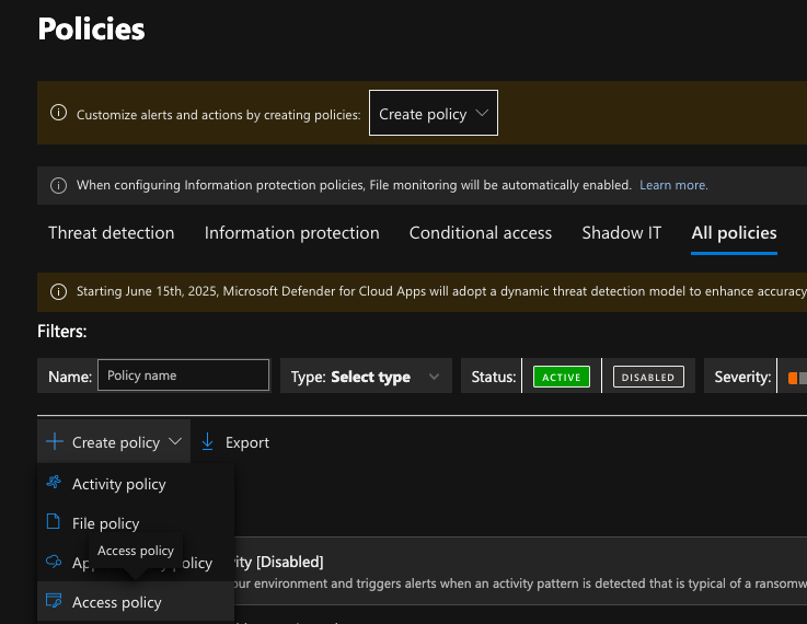 Screenshot showing modal to create a new access policy in Microsoft Defender for Cloud Apps