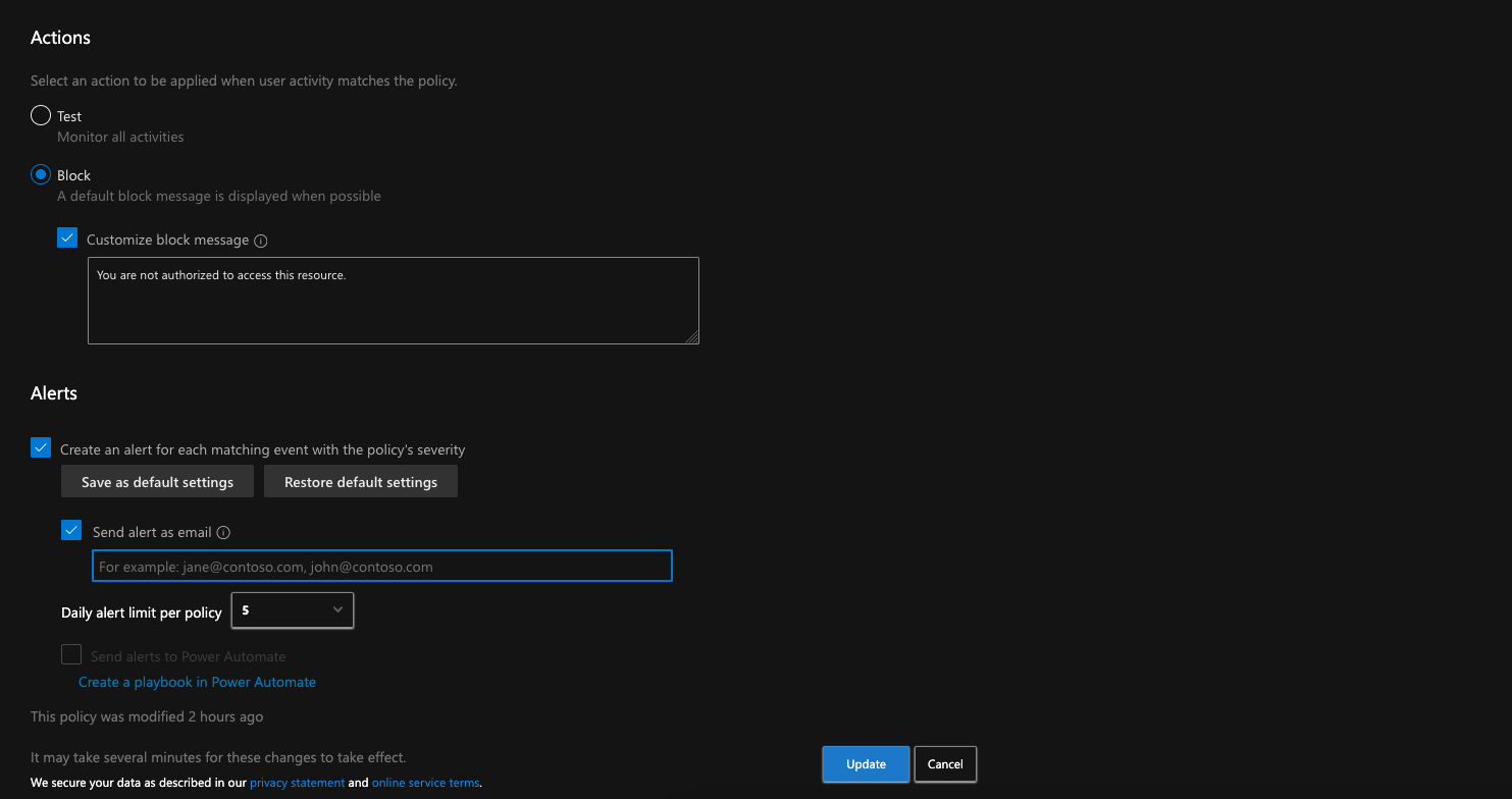 Screenshot showing example access policy settings